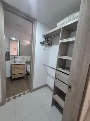 a bathroom with a closet with a sink and a mirror at Apartamento Luareles-San joaquin-Balcon in Medellín