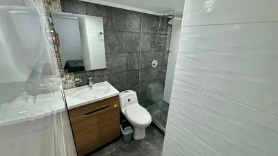 a bathroom with a toilet and a sink and a mirror at Rodeo Alto in Belén