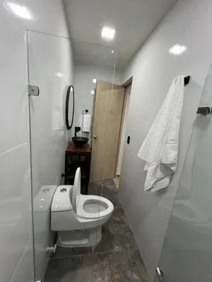 a white bathroom with a toilet and a shower at Laureles Inn in América
