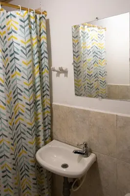 a bathroom with a sink and a shower curtain at Hospedaje RioBosque San Carlos in San Carlos
