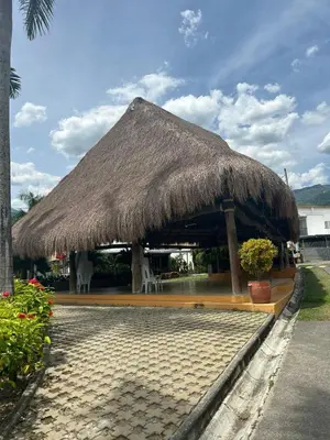 a hut with a straw roof and some plants at Hermosa Cabaña Familiar in San Jerónimo