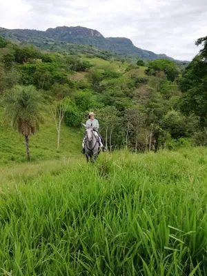 a man riding a horse through a field at Villa en La Pintada con Piscina in La Pintada