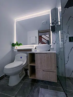 a bathroom with a white toilet and a sink at Apartamentos con vista boscosa y parking en Buenos Aires, Medellín in Medellín