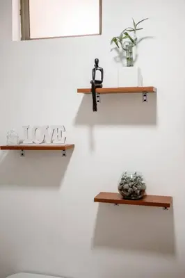two wooden shelves on a wall with a potted plant at Crisalida Apartamento in Sabaneta