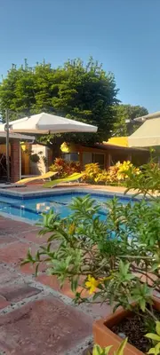a swimming pool with an umbrella and some plants at Casa de la Cruz in Mariquita
