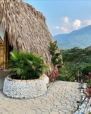 a patio with plants in front of a building at Cabaña Glamping vista verde Cocorna in Cocorná