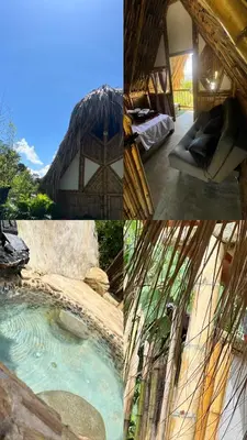 a group of four pictures of a house with a pool at Cabaña Glamping vista verde Cocorna in Cocorná