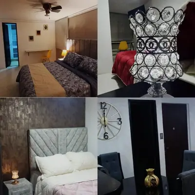 a collage of four pictures of a hotel room at apartamento 3 habitaciones cerca al parque del poblado in Medellín