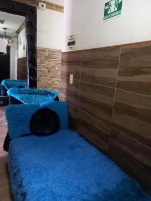 a black cat laying on a bed in a room at Hospedaje Ricaribe in Medellín