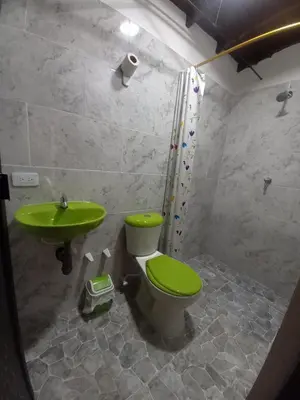 a bathroom with a green toilet and a sink at Hospedaje Ricaribe in Medellín