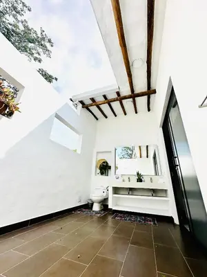 an attic bathroom with a toilet and a window at Villa Paulina in Honda