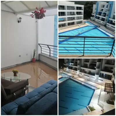 three pictures of a swimming pool in a building at Paraíso del sol in San Jerónimo