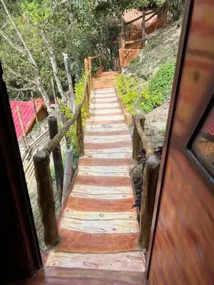 a wooden path leading up to a mountain with a door at Hotel Golden Hills Manizales in Manizales