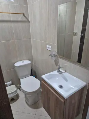 a bathroom with a toilet and a sink and a mirror at ApartaLoft 12, NevadaLofts Sabaneta in Sabaneta
