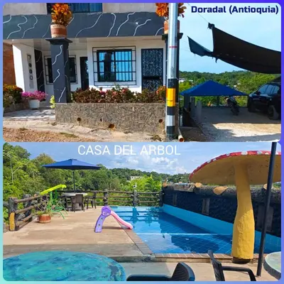 a collage of two pictures of a pool and a house at Parcela - Casa del árbol in Doradal