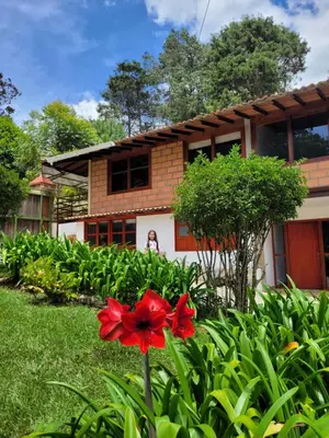 a red flower in front of a house at La Pascana Ecolodge frente al parque Arví Entorno natural excepcional, reserva natural, áreas protegidas, conexión con la naturaleza y avistamiento de aves a 3km del metrocable Guarne in Guarne