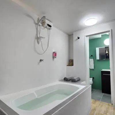 a large tub in a bathroom with a green wall at Loft with bathtub in Laureles in Medellín