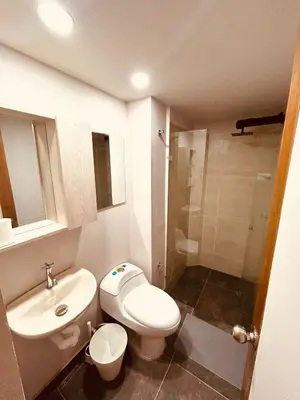 a bathroom with a toilet and a sink and a shower at Renacer, Poblado Manila in Medellín