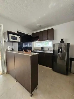 a kitchen with brown cabinets and a stainless steel refrigerator at Apartasol Ciudadela Santa Fé 