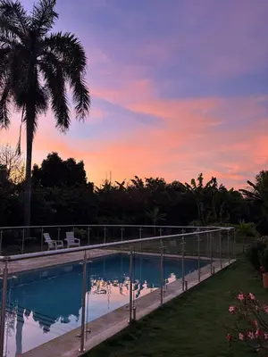 a swimming pool with a palm tree and a sunset at TERRAKOTA Heritage House in Mariquita