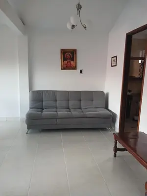 a living room with a gray couch in a white room at Comodidad y confort in Olaya Herrera Airport