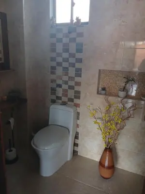 a bathroom with a toilet and a vase with flowers at Comodidad y confort in Olaya Herrera Airport