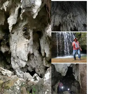a woman standing in front of a waterfall in a cave at El Refugio Eco Hostal Caracolí in Cascarón