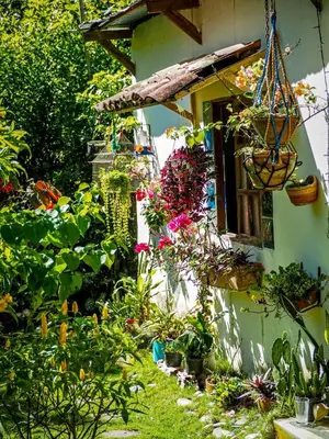a house with lots of plants in the yard at El Refugio Eco Hostal Caracolí in Cascarón