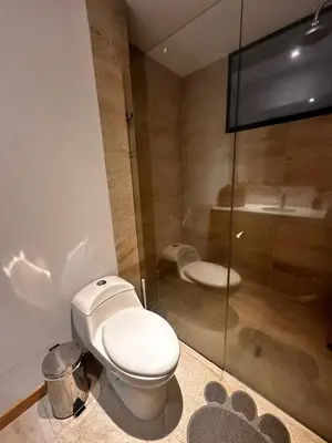 a bathroom with a toilet and a glass window at Apartamento Santa Coloma - WAKE FRONT in Medellín