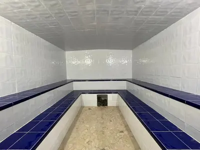 an empty locker room with blue and white tiles at Casa Lili in Sopetran