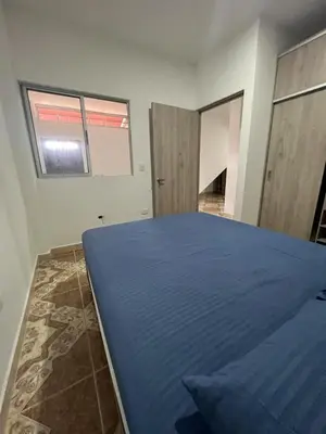 a bedroom with a blue bed and two windows at Agua Clara Apartamento in San Rafael