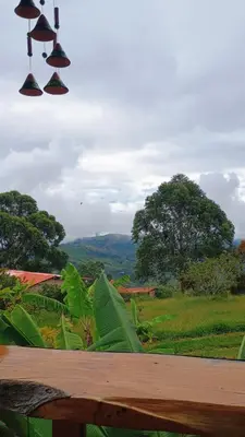 a view of a field from a porch with lights at Cabaña Campestre San Gabriel in Angostura