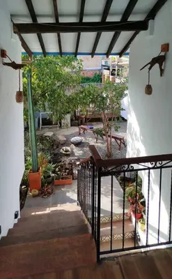a balcony with a stairway with potted plants at Patio Chic House in Jericó