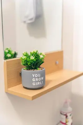 a potted plant sitting on a shelf in a bathroom at Aparta estudio 205- Casa Bendita in Medellín