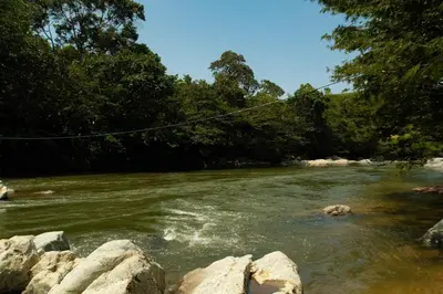 a river with rocks and a rope in the water at RíoBosque Cabañas de lujo frente al rio desayuno incluido san carlos antioquia in San Carlos