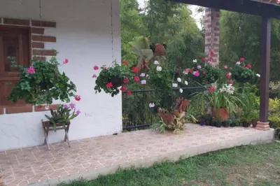 a garden with flowers and plants on a patio at Casa de Campo en Jardín Alojamiento Familiar in Jardin