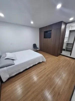a bedroom with a bed and a flat screen tv at Apartamento Cerca a Primer Parque de Laureles in Medellín