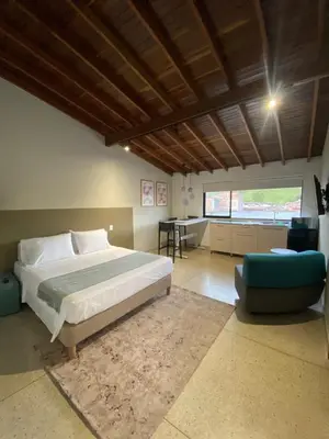 a bedroom with a bed and a chair and a desk at Hotel La Vega in Concepción