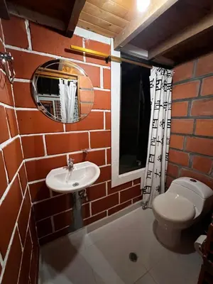 a brick walled bathroom with a sink and a toilet at Finca Kikua in San Rafael