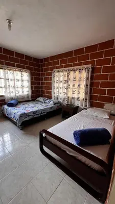 two beds in a room with a brick wall at Finca Kikua in San Rafael