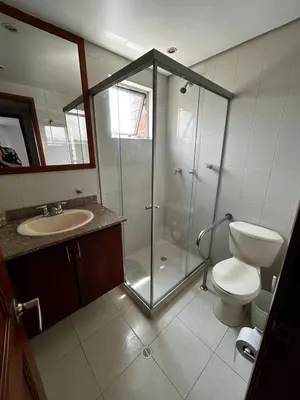 a bathroom with a shower and a toilet and a sink at Bright and Modern Medellin Apartment in Medellín