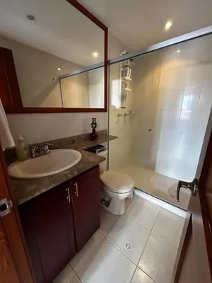 a bathroom with a sink and a toilet and a shower at Bright and Modern Medellin Apartment in Medellín