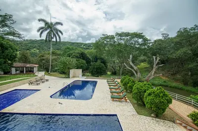 a swimming pool with lounge chairs and a palm tree at Tres Lagos Hotel in San Jerónimo