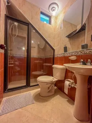 a bathroom with a shower and a toilet and a sink at Party house, rooftop terrace with Jacuzzi poblado, Movie Theater in Envigado