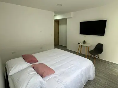 a bedroom with a large white bed with two pillows at Dream apt close to Unicentro - spacious - with AC in Medellín