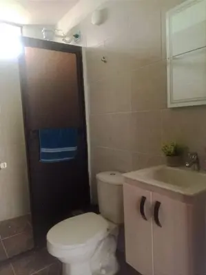a bathroom with a white toilet and a sink at Polandia in Villa Silvia