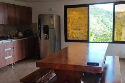 a kitchen with a wooden table and a stainless steel refrigerator at Polandia in Villa Silvia