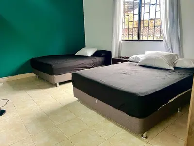 two beds in a room with a green wall at Casa Tradicional Remodelada en Envigado con Patio in Envigado