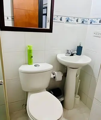 a bathroom with a white toilet and a sink at Duplex con terraza en el corazón de Envigado 300mb in Envigado