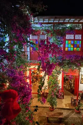 a bunch of flowers are hanging from a building at La Oculta Hostal in Jericó